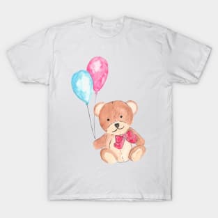 Cute Teddy Bear Watercolor Sweet Balloons T-Shirt